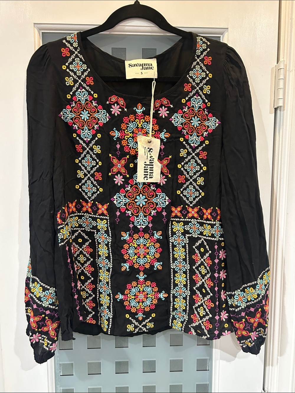 Savanna Jane Black Embroidered Boho Tunic with Multicolor Folk Motifs